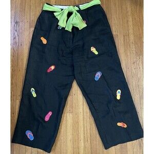 Women’s Saint Tropez 100% Linen Pants Size 12 Black W/ Flip Flops Beach Vacation